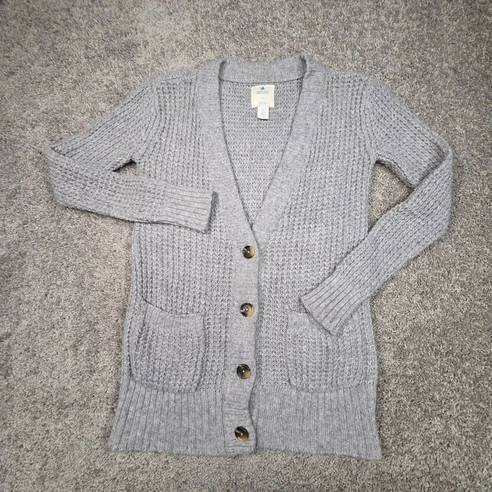 Aerie Cardigan Womens Large Grey Wool Blend Chunky Waffle Knit Boyfriend Sweater